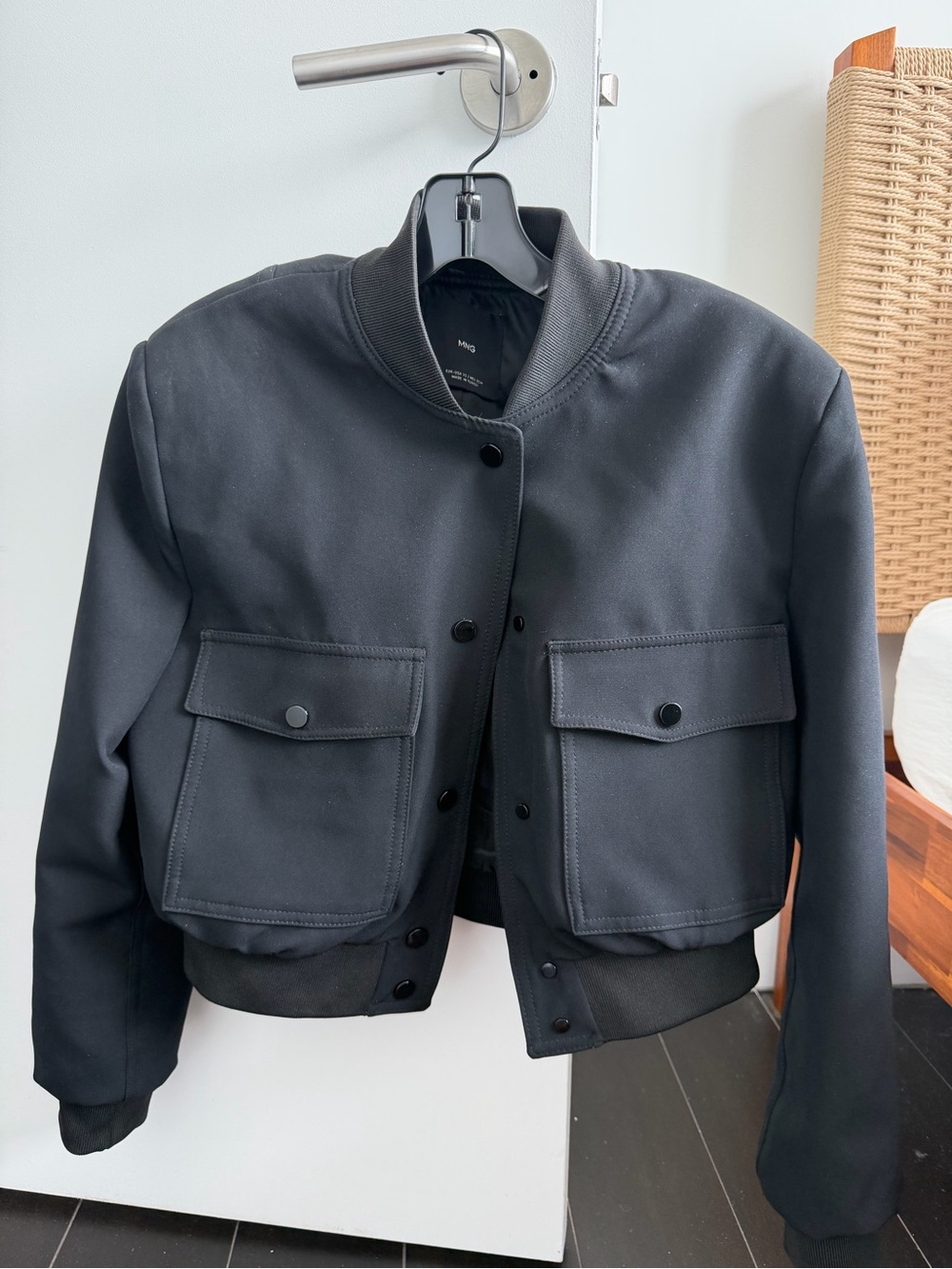 Mango Black Cropped Bomber Jacket with Front Flap Pockets